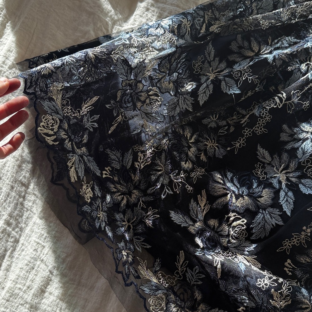 Monique Lhuillier Black and Silver Floral Maxi Dress